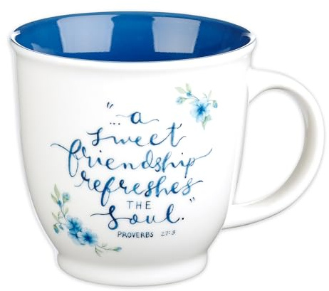 Christian Art Gifts Blue Floral Ceramic Coffee Mug – 14 oz. Microwave and Dishwasher-safe Inspirational Scripture Coffee and Tea Mug for Friends with Bible Verse: A Sweet Friendship – Proverbs 27:9