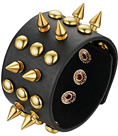 JewelryWe Spike Lederarmband Nietenarmband Herren: Schwarz Punk Breit Leder Armband Gold Nieten Kegelnieten Halloween Gothic Verstellbar Manschette Armreif Druckknopf Hip Hop Rock Schmuck Geschenk