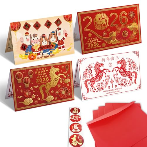 Chinese New Year Cards, 4 Pack Year of The Horse 2026 Greeting Cards with Red Envelopes and Stickers, Lucky Money Pocket Hong Bao Greetings Business Friends Family