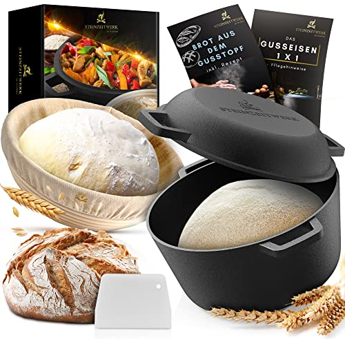 Gusseisen Topf Brot backen [inkl. Gärkorb + Teigschaber], All-in-One Set als Brotbacktopf und ideale Brotbackform mit Deckel, Brot backen Zubehör