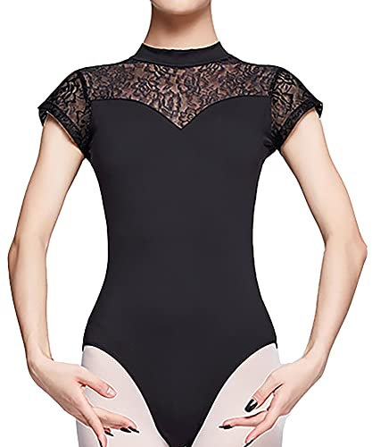 JowTreex Damen-Turnanzug mit Spitze, Rollkragen, Ballett-Body mit kurzen Ärmeln, Tanz-/Gymnastik-/Yoga-Trikot, Schwarz , M