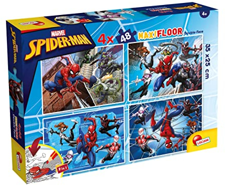 Lisciani - Marvel Puzzle MAXIFLOOR Spiderman - 100385 - Doppelseitiges Puzzle 4x48 Teile - Zum Ausmalen auf der Rückseite - Denk- und Geduldspiel - Bildungsspiel - Für Kinder ab 4 Jahren
