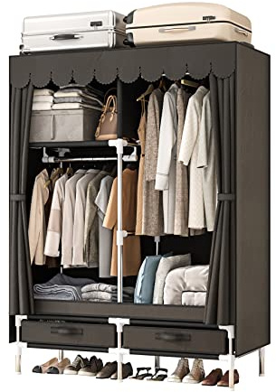 LEAIJIAFY Portable Wardrobe Closet for Bedroom, Small Storage Organizer with 2 Drawers and 2 Hanging Rods, Includes Dust Cover.(Brown, 39.3 in)