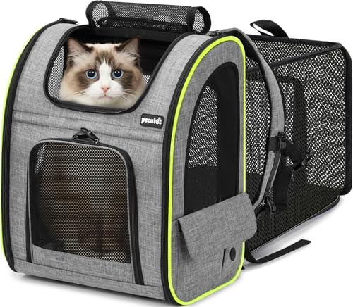 pecute Cat Carrier Dog Backpack Expandable Large, Portable Breathable Rucksack with Front Opening-Mesh Window-Pockets, Extendable Back More Space Great For Carrying Puppy Dogs Cats