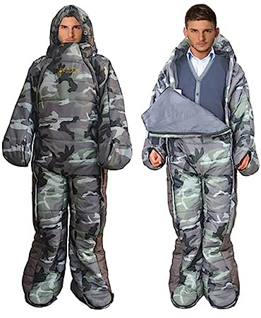 72 Large Wearable Human Sleeping Bag Zipped Foot Opening Design Free Size Ultralight Hoodie Quilted Warm Thermal Coat for Adults Winter or Outdoor 4 Season Camping