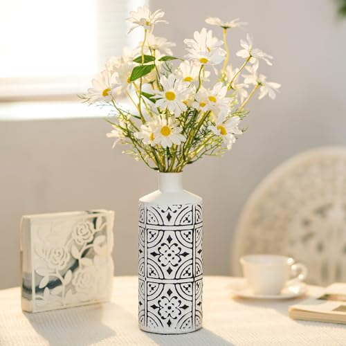 Sziqiqi Jarron Blanco para Flores - 25.3cm Altura Moderno Metal Jarrons con Negro Diseño Floral Decorativo Cilíndricos Floreros para Mesa Nórdico Grande Jarron para Pampas Secas Ramo Plantas