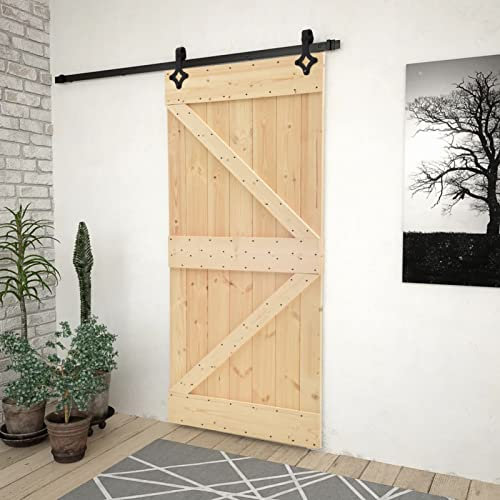 Gecheer Set Porta Scorrevole,con Kit Binario,in Legno di Pino,Marrone,80x210 cm,Porta del Granaio Sorrevole con Kit Binario 80x210 cm,Porta con Set di Montaggio,Porta Scorrevole con Set Hardware