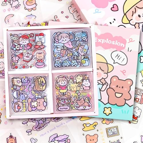 600+ Pièces/100 Feuilles Autocollant Kawaii, Kids Scrapbooking PET Stickers, Rose Mignon Kawaii Autocollants Décoratifs Imperméables Transparents, pour Enfant, Bouteilles, DIY, Journal, Cahier, Album