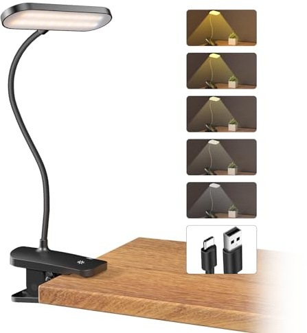 CUHIOY Desk Lamp Clip on Reading Light, USB-C Battery-Operated Rechargeable Table Lamps with Clamp for Dorm Home Office, 38LEDs Bed Headboard Light, 5 Colors 5 Brightness, Flexible Gooseneck (Black)