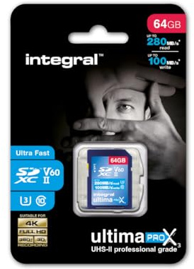 Integral 64GB UHS-II SD-Karte V60 Bis zu 280MB/s Lese- und 100MB/s Schreibgeschwindigkeit SDXC Professional High Speed Speicherkarte