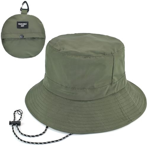 EINSKEY Packbar hinkhatt med hakrem för män kvinnor, snabbtorkande justerbar solhatt för strand safari fiske vandring, 02 armégrön, One Size