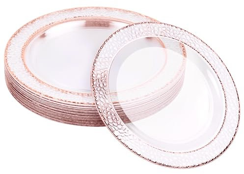 MATANA 20 Assiettes à Dessert en Plastique avec Bord en Or Rose (19cm), Petites Assiettes pour Mariages, Anniversaires, Noël & Fêtes - Solide & Réutilisable