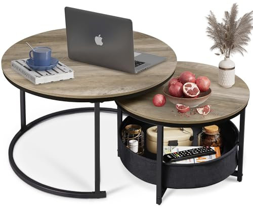 WLIVE Coffee Table, Round Coffee Table Set of 2, 80X80X48cm Coffee Tables for Living Room, Nesting of Tables with Storage for Living Room, Bedroom, Grey