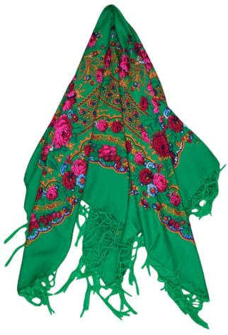 Écharpe folklorique avec motifs folkloriques polonais traditionnels, tour de cou, bandeau, franges, souvenir de Pologne, vert, Big (110 x 110 cm)