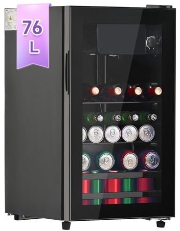 DRIXNO 76L Getränkekühlschrank mit Gefrierfach, für Eis, Fasst 51 Dosen Limonade, Wasser, Bier oder Wein. Klein Kühlschrank mit Glastür Geräuscharmer Betrieb, Energieeffizient