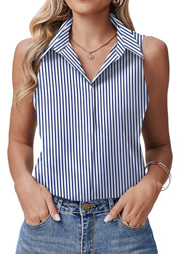 HOTOUCH Womens Tops Button Up Sleeveless Collared Blouses Elegant Solid Business Casual Summer Tank Tops Blue Striped XL
