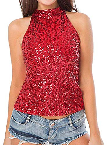 Top da donna elegante senza maniche, con paillette, top da donna, per feste, per feste, con collo alto, con scollo alto, con scollo rotondo, sexy, senza maniche, con paillettes, Colore: rosso, Taglia