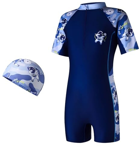 ADUDVLO Boys and Girls Swimming Costume with Front Zipper & Swim Cap – Cartoon One Piece Bathing Suit for Kids Ages 4–10, Stretchy Swimwear (UK, Age, 9 Years, 10 Years, Regular, Dark Blue Astronaut)
