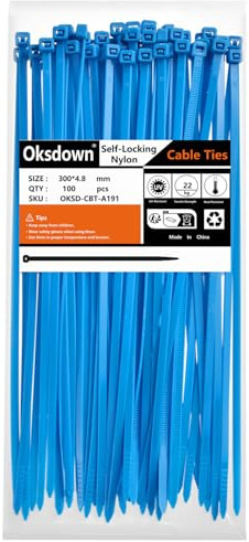 Oksdown 100 Pack Blue Plastic Cable Ties 300mm×4.8mm Heavy Duty Strong Nylon Premium Self Locking 12 inch/30 cm Long Zip Tie Wraps