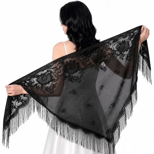 Minicoco Women's Triangle Lace Shawl Wrap with Tassels for Evening Wedding Party