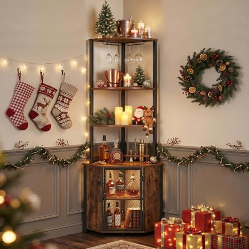 VECELO Corner Bar Cabinet with Glass Holder and Metal Mesh Doors, 5-Tier Wine Rack Cabinet Industrial Freestanding with Anti-Tip Kit, Drink Cabinet for Home Bar, Kitchen, Living Room, Rustic Brown