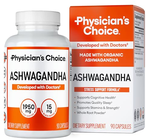 Physician's CHOICE Ashwagandha Supplement - 1950mg of Bioavailable Organic Ashwagandha Root Powder - Black Pepper Extract, Stress Support, Mood Support Supplement, 90 Veggie Capsules