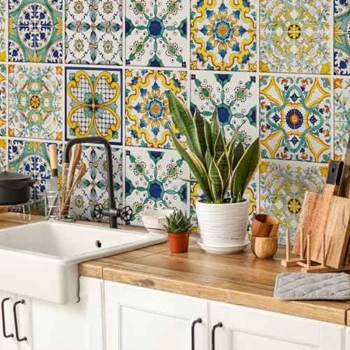 RE-COVERTILES - Fliesenaufkleber Badezimmer und Küche 12 Stck 15x15 cm - PS00078 PVC-Wanddekoration Wasserdicht Fliesen Mosaik Stil Azulejos-Zementfliesen