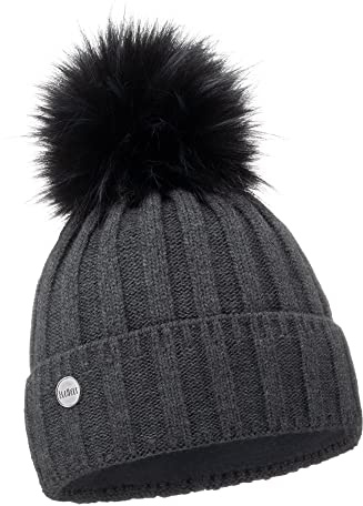 ELIMELI Kaschmir Mütze Damen Winter warme Strickmütze Wollmütze mit Kaschmir Wintermütze mit Kunstfell Bommel Slouch Strick Beanie Damen für Winter Bommelmütze Hergestellt in EU (Dunkelgrau)