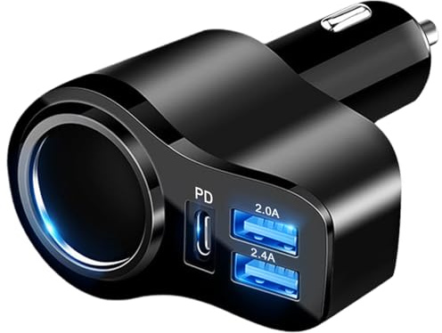 168W Zigarettenanzünder USB C Verteiler - 4 in 1 Auto Ladegerät 12V KFZ Ladegerät Adapter, Mini USB Adapter Auto Schnellladegerät Steckdose für iPhone 17/iPad/Dashcam/GPS/Sitzheizung