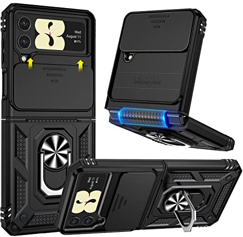 HWeggo Fodral till Samsung Galaxy Z Flip 4, Galaxy Z Flip 4 fodral med kameraskydd och ringstativ, vikbar TPU-ram och hård PC-rygg, stöttåligt anti-scatch skyddsfodral (svart)