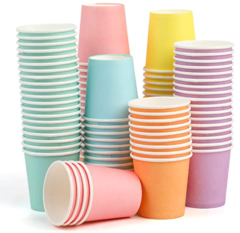 VEYLIN Pequeños vasos de papel desechables, 120 piezas, mini vasos de papel coloridos de 2 onzas, adecuados para bricolaje, fiestas, helados de tamaño muestra, yogur congelado y sopa caliente