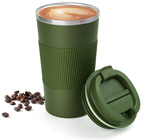 Breteil 500ml Reusable Vacuum Insulated Stainless Steel Travel Mug with Leak-proof Lid, Keeps Hot/Cold for 6/8 Hours, Green