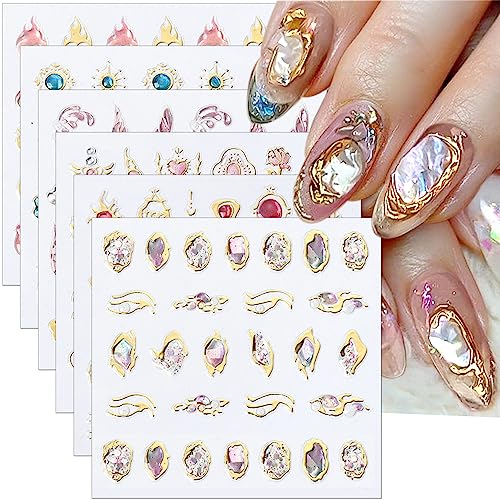 6Blätter 5D Kristall Weich Kleber Geprägt Nagelsticker,Flamme Herz Nail Sticker Rosa Feder Stereoskopisch Nagelsticker Selbstklebend Diamant Blume Sonne Gold Metall Linie Nagel Stickers Nagelaufkleber