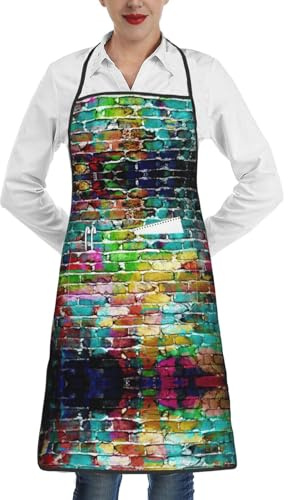 ENVEED Grembiule da lavoro unisex con tasche, motivo a quadri, colore giallo, grigio, nero, con tasche, per adulti, unisex, ideale per cucina, ristorante, mattoni colorati con graffiti, taglia unica,