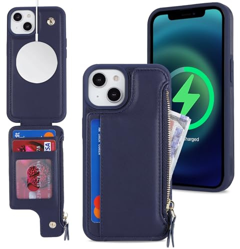 SailorTech iPhone 13 fodral med korthållare, iPhone 13 fodral med dragkedja kortficka plånbok för iPhone 13 mobiltelefonfodral läderfodral – blå