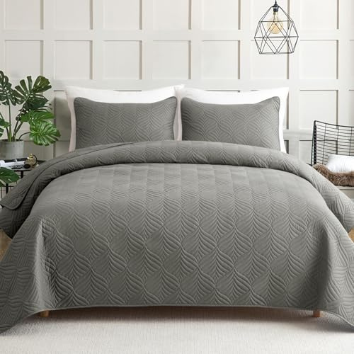 Whale Flotilla Colcha Moderna de 220 x 240 cm, Colcha con 2 Fundas de Almohada, Edredón de Microfibra con Estampado en Relieve, Ropa de Cama Ligera y Suave para 4 Estaciones, Gris