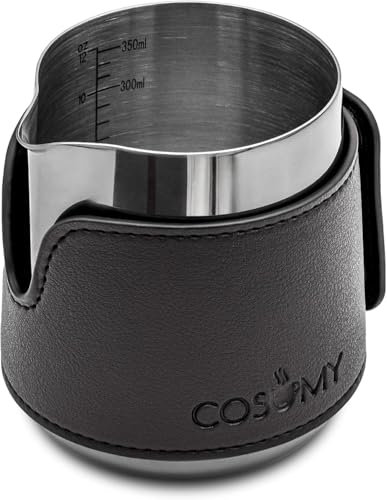 Cosumy Bricco Latte Professionale - Lattiera in Acciaio Inox 350ml - Piccola - Bricchetto Latte con Segno di Misurazione - Con Beccuccio Speciale Latte Art