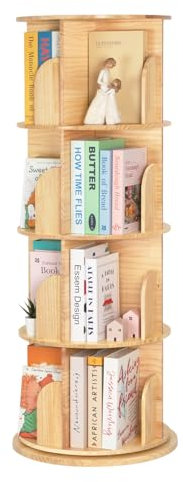 OOOK Drehbares Bücherregal aus Massivholz, 360 Grad Bücherregal Drehbar mit 4 Ebenen, Bucherregal Schmal für Erwachsene, Multifunktionales Drehregal Standregal