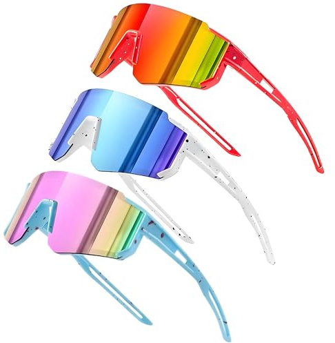 Dreaku Lunette de Cyclisme pour Enfant, 3pcs Lunettes de Soleil, Lunette Velo UV400 Protection pour Moto Course Ski Baseball (Blanc + Bleu + Rouge)