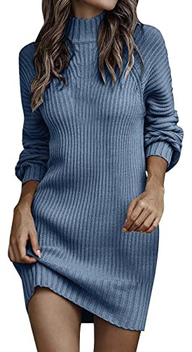Generisch Invierno manga larga cuello alto Color sólido Casual suéter vestido mujer vestido suéter vestido, azul, L