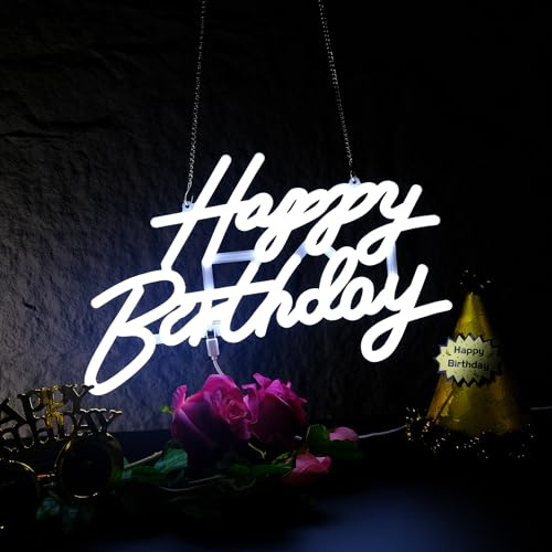LIUISNEO Happy Birthday Neon Sign,Innovative Integral Forming Process,With Dimmable Switch For All Holiday Party and Home Decoration,17 * 12Inch,White