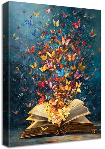 Cadre en Bois Impression sur Toile Livre Papillon Coloré Fleur Tableau Affiche Decoration Murale Image sur Toile Bibliothèque Esthétique Tableau Decoration Murale Salon Salle de Lecture 40x60cm