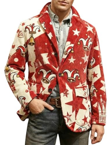 DASONLUE Sakko - Giacca sportiva da uomo, con stampa divertente, vestibilità stretta, in corduroy blazer, stile retrò, alla moda, per carnevale, feste, business, Colore: rosso, L