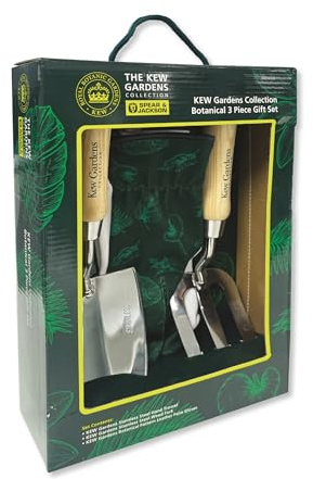 Spear & Jackson 3055KEW Set Regalo Botanico Kew Gardens – Paletta e Forca in Acciaio Inox con Manico in Legno FSC e Guanti da Giardino con Palmo in Pelle
