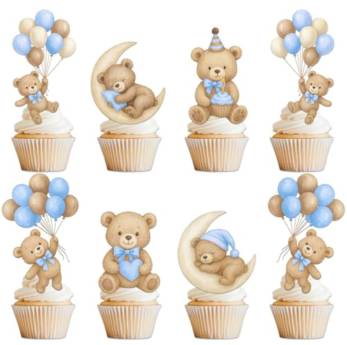 Zosutetoxo Cupcake Topper Set 36 st Blue Bear Cake Decoration Baby Shower Boy Muffin Decoration Teddy Bear with Balloon Moon Heart for Gender Reveal 1st Birthday Baptism