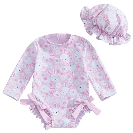 Generisch Costume da bagno Uv con cappello da sole UPF 50+, costume da bagno per bambini e ragazze, Costume intero F2-light Rosa, 6-12 Mesi