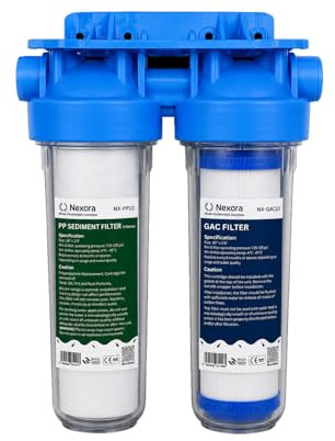 NEXORA 10 Water Filter Housing System, 1/2/3-Stage Filtration, Clear Body with 3/4 Brass Inlet/Outlet, Wall Mount Kit with Bracket & Wrench, Compatible with PP & GAC Cartridges (2 Stage Filter)