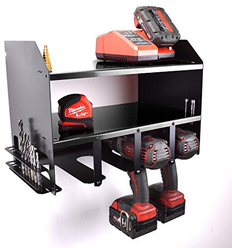 JBI MegaMaxx Power Tool 2-Shelf Storage Unit & Charging Station for 4 Drills - Wall Mount Toolbox and Accessories Rack Cabinet for Workshop, Garage, Shed
