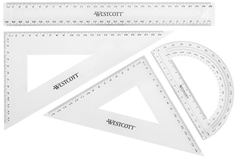 Westcott Set de géométrie 4 pièces | Set de mathématiques avec règle de 30 cm, équerres de 45° et 60°, rapporteur de 180° | Plastique transparent | E-10304 00