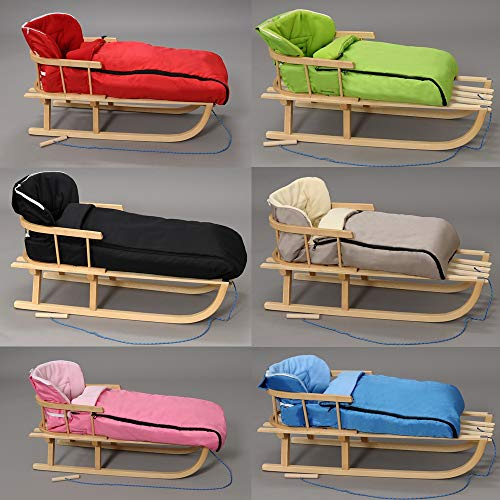 Holzschlitten mit Rückenlehne Winterfußsack 90cm oder 108cm Schlitten Holz Zugseil Sicherheitsgurt Rodelschlitten Bob Schlitten GRATIS (Blau 90cm)